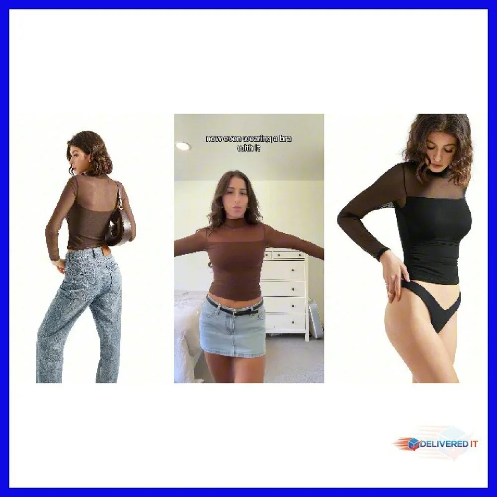 Sheer Mesh Mock Neck Long Sleeve Crop Tank Top - Polyester Spandex - Picture 8 of 8